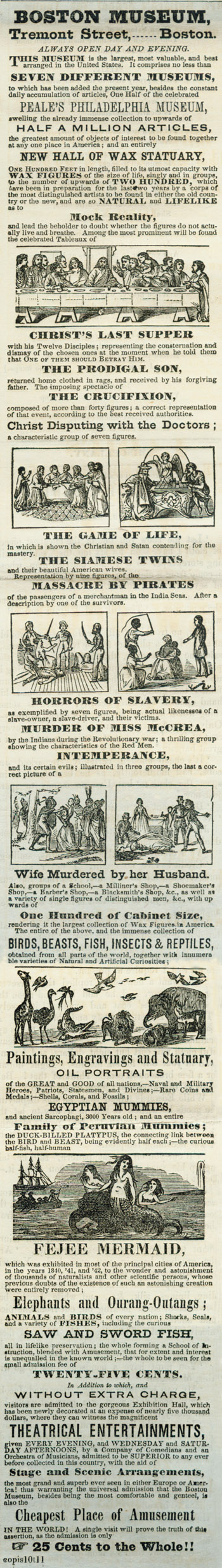 Newspaper advertisement for Boston Museum in the Barre [Vermont] Patriot, 1850