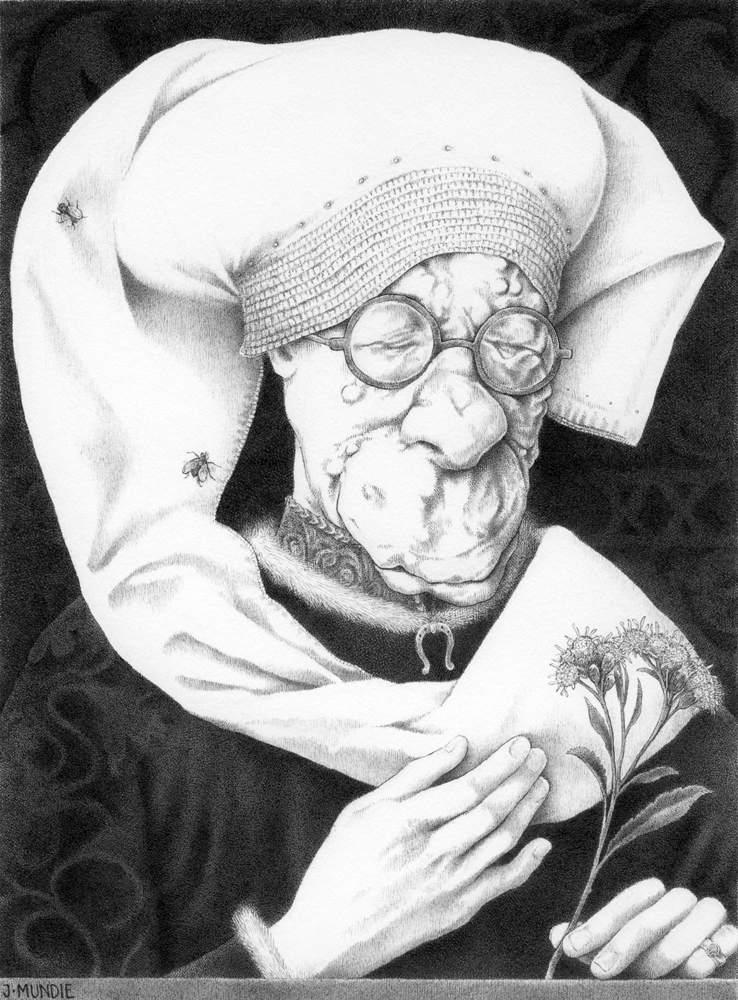 "Grace McDaniels, the Mule Faced Woman" is copyright  ©  2017 by James G. Mundie. All rights reserved.  Reproduction prohibited. Image features a three-quarter bust portrait of a woman wearing glasses and 
an elaborate cloth wimple. Her nose and lips are disproportionately large. She holds her right hand to her chest and a flower in her left.