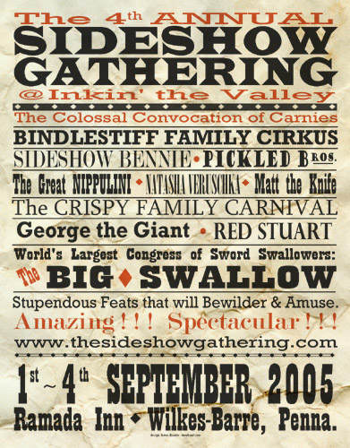 Handbill for 4th Annual Sideshow Gathering, designed by James G. Mundie.