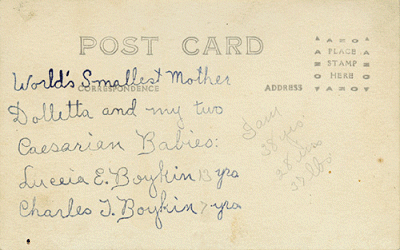 Dolletta, Worlds Smallest Mother, inscription on back